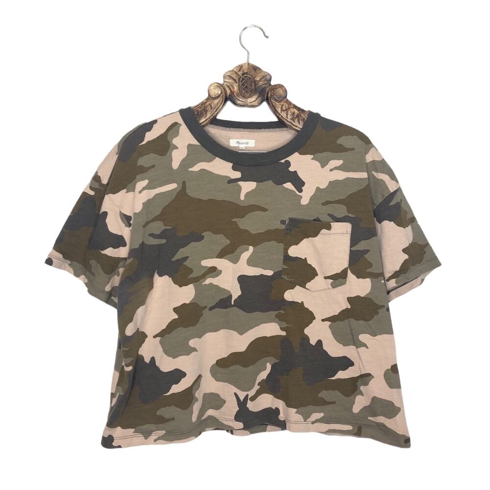 Madewell Tee Shirt Crew Neck Camo Rabbits Boxy Crop Green Tan Cotton 2X